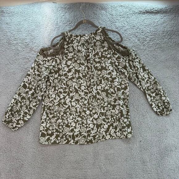 Pleione NOWT Women's Small Shoulder‎ Cut Out Blouse Dark Green Flowy - Picture 10 of 10